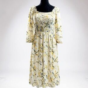 Lucky Brand Dress Cream Yellow Green Spring Floral Cottagecore Boho Small NWT